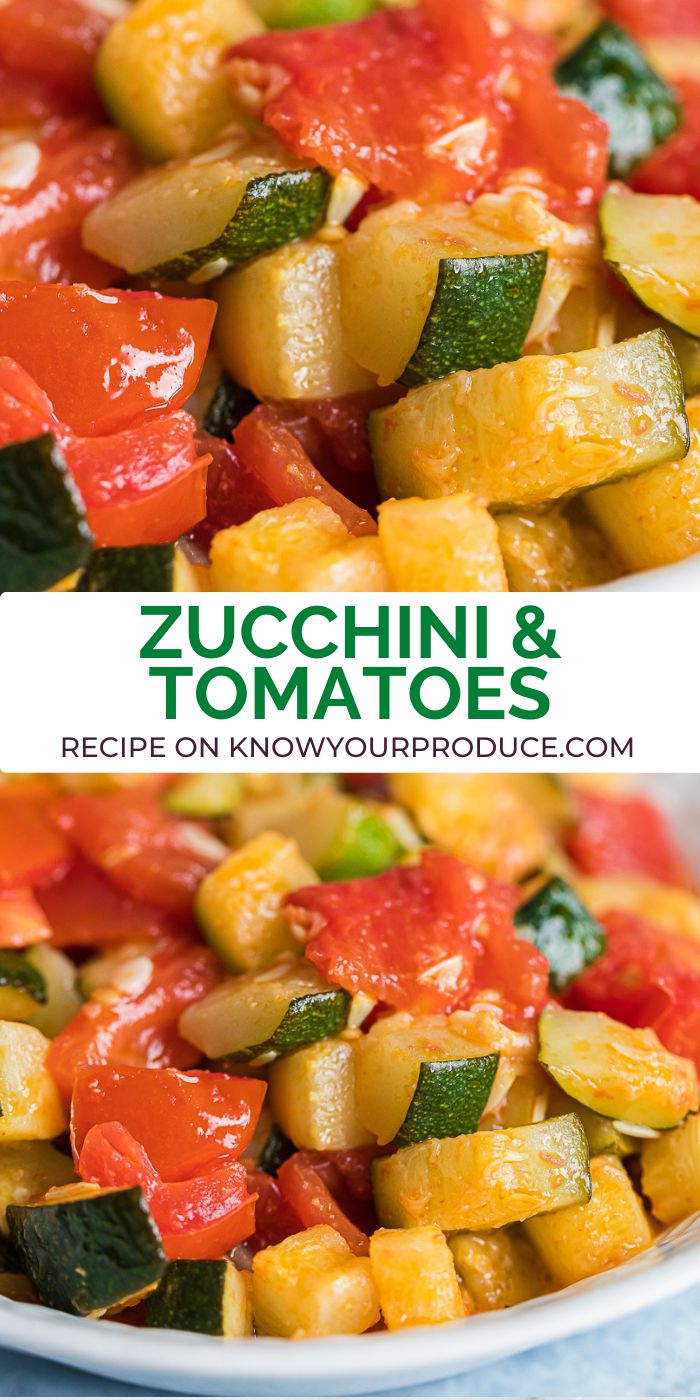 zucchini and tomato salad in a white bowl with the title overlay above it