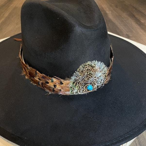 "Natural feather hat band. Brown feathers with black iridescent tips. Center crown measures 2.5\" W x 2.25\" H. Natural feathers Adjustable hatband *This product is for 1 single hat band. Hat not included."