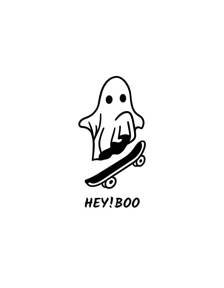 a black and white drawing of a ghost on a skateboard with the words hey boo