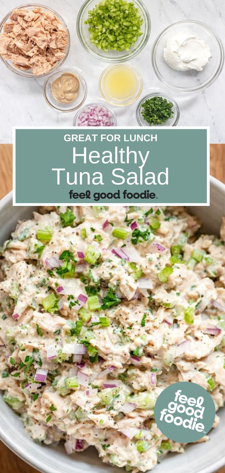 tuna salad in a bowl with the title above it