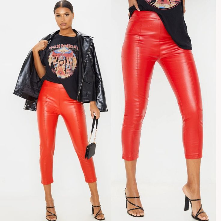 Ultra-Chic And Sexy Statement Pants! One Of Those Hot Pieces That Make You Feel Like A Dangerous Woman. Comes In Vibrant Red That Adds A Perfect Splash Of Color To Any Outfit. Designed With A Flattering High-Waisted Silhouette, Skinny Leg Cut, Paneled Front, Soft Lining, And Zipper Closure On The Back. Made From High-Quality Vegan Leather (100% Polyester)Comfy, Soft, And Surprisingly Versatile, Will Look Equally Gorgeous With A Sexy Crop Top As It Is With A Blazer. Approx Measurements: 24.5" Inseam, 11.3" Rise, 13.5"Flat Waist, 36" Length. Nwot From A Clean, Smoke-Free Home. Trendy Red Bottoms For Party, Red High Waist Bottoms For Going Out, High Waist Red Leather Pants For Spring, Red Leather Pants For Spring Party, Red High Waist Leather Pants For Spring, Red Stretch Leather Pants For Fall, Chic Red Bottoms For Going Out, Trendy Red Pants For Night Out, High Waist Red Bottoms For Club