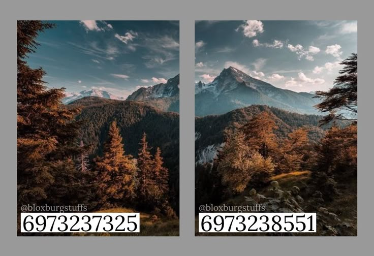 two pictures of mountains with trees in the foreground and clouds in the sky above