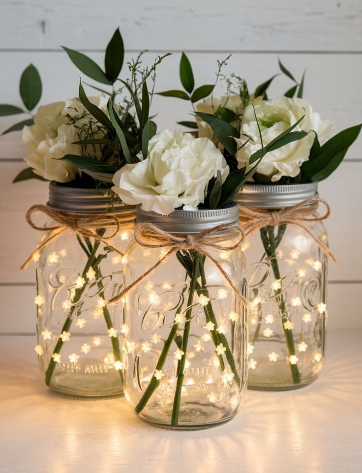 three mason jars with lights and flowers in them