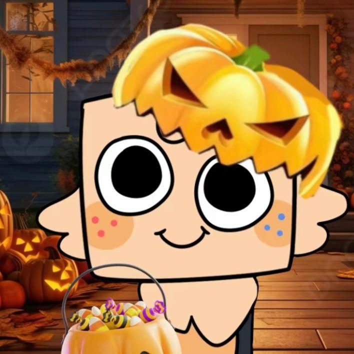 a cartoon character holding a candy bucket in front of pumpkins