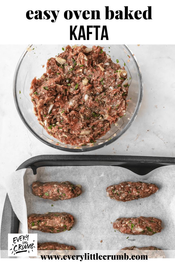 an easy oven baked kafta recipe in a baking pan with text overlay