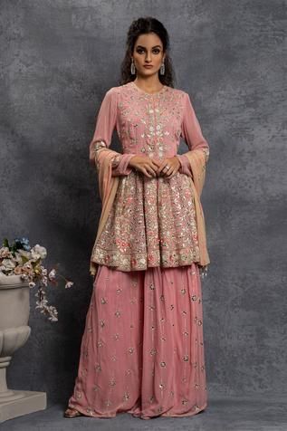 Shop for Shian Pink Georgette Embroidered Kurta And Sharara Set for Women Online at Aza Fashions Kurta And Sharara Set, Kurta And Sharara, Embroidered Sharara, Embroidered Motifs, Sharara Set, Thread Work, Full Sleeves, Floral Motifs, Set For Women