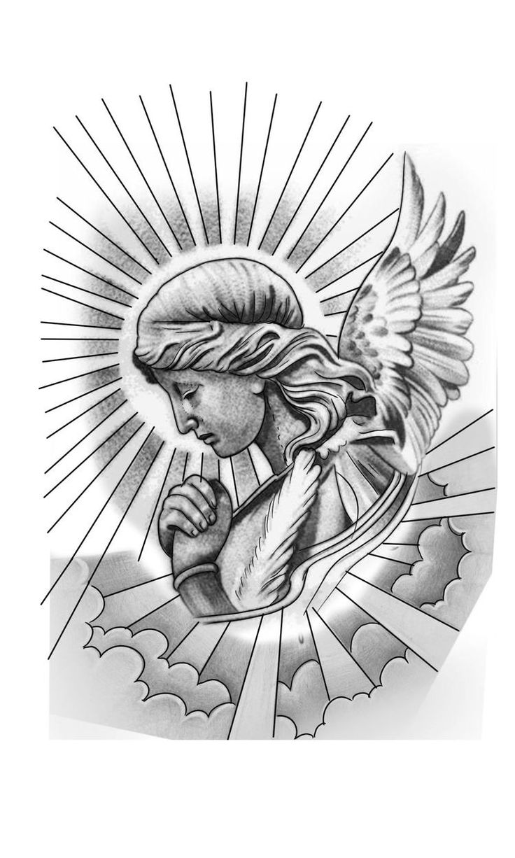 an angel tattoo design with sun rays and clouds