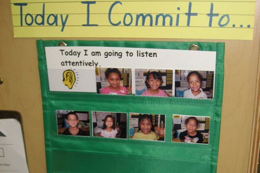 a bulletin board with pictures of children on it that says today i commit to, today i am going to listen actively