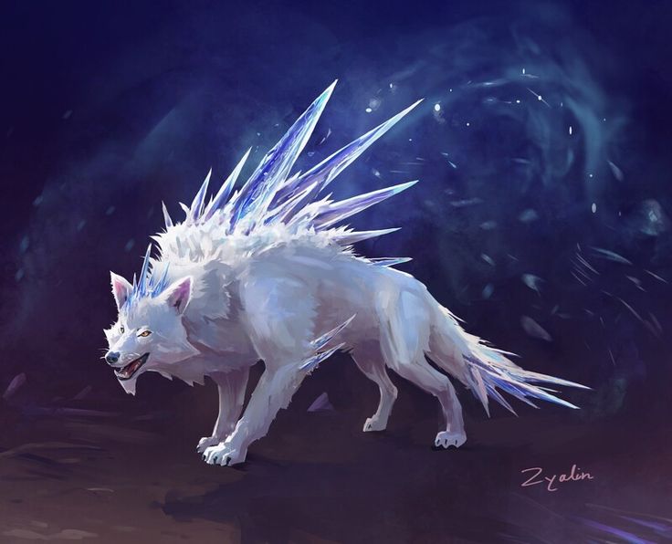 a white wolf with spikes on its head and tail walking through the dark night sky