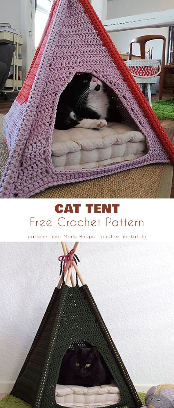 the cat tent is made out of crochet and has a bed for it