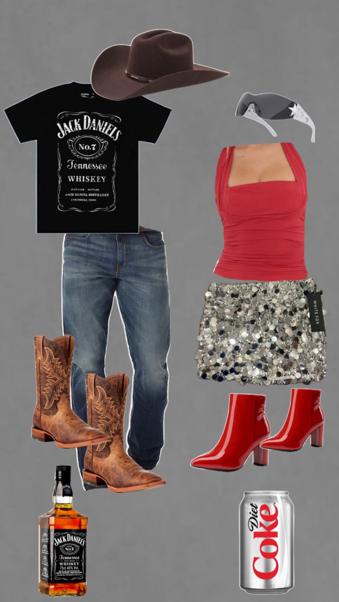 a woman in red shirt, jeans and cowboy boots standing next to a can of coke