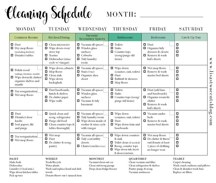 the cleaning schedule is shown in this printable version, which includes daily tasks and schedules