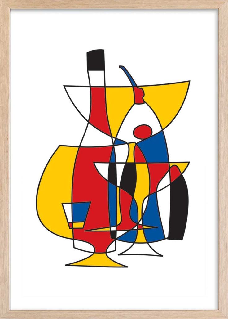 an abstract painting with red, yellow and blue shapes on white paper in a wooden frame