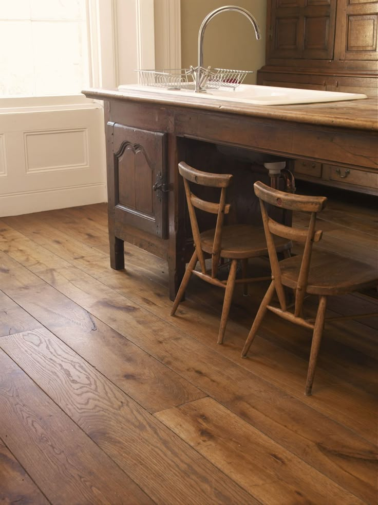 two wooden chairs sitting in front of a kitchen island