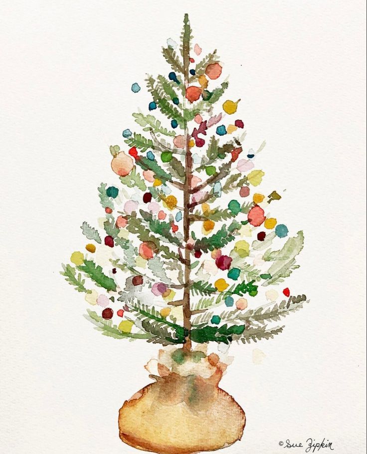 a watercolor painting of a small christmas tree