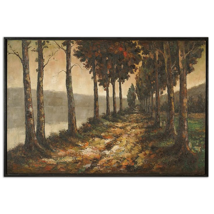 an oil painting of trees and a path leading to the water on a sunny day