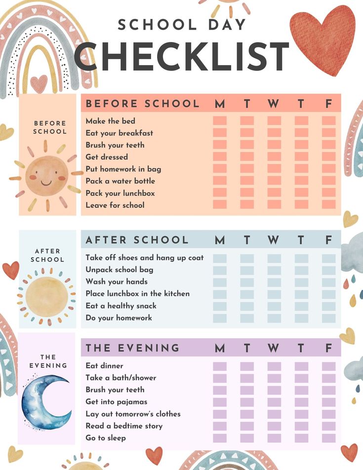 the back to school checklist is shown in pink, blue and white with hearts on it