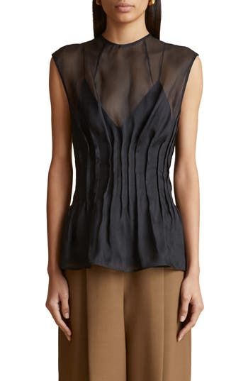 Dramatic 3D pintucks shape the waist of this effortlessly elegant top tailored from silk organza and finished with a removable camisole lining. 26" length (size 8) Back button; keyhole with button-and-loop closure Jewel neck Sleeveless Camisole lining 100% silk Dry clean Made in Italy Designer Clothing Fitted Organza Tops For Evening, Chic Fitted Blouse With Sheer Bodice, Sheer Silk Chiffon Top For Evening, Elegant Sleeveless Organza Blouse, Fitted Sheer Silk Chiffon Blouse, Elegant Fitted Sheer Top, Fitted Silk Chiffon Formal Top, Fitted Organza Blouse For Night Out, Formal Fitted Silk Chiffon Top