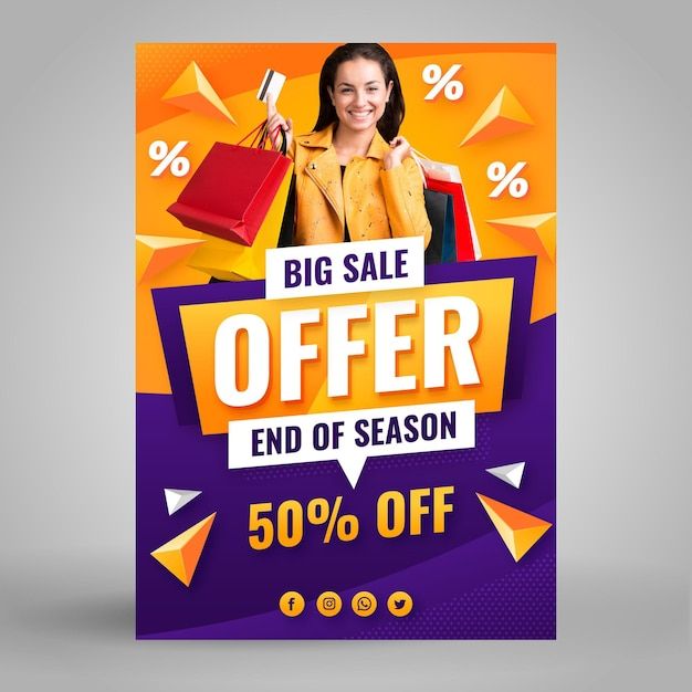 a purple and orange sale poster with an image of a woman holding shopping bags on it