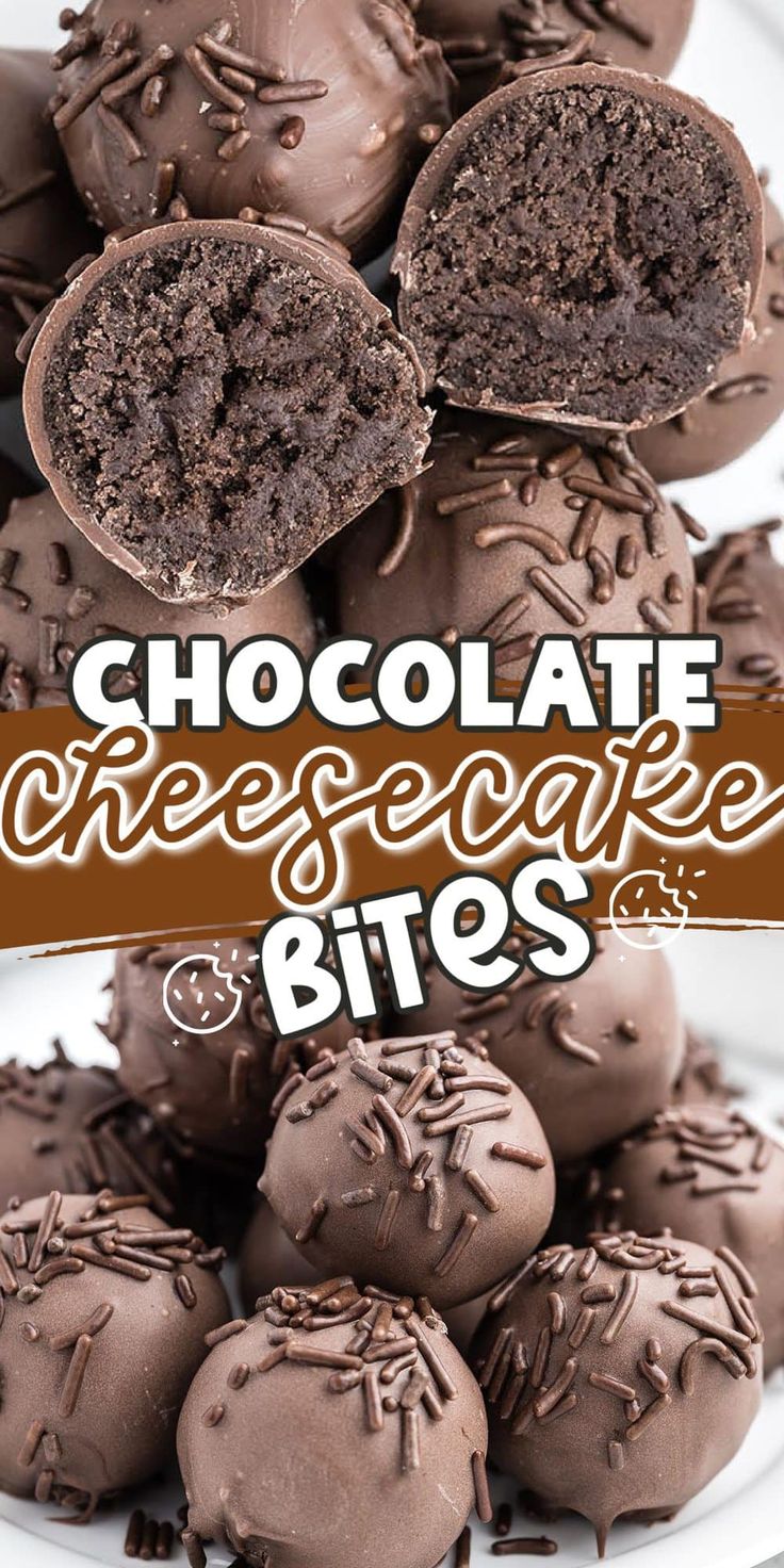 chocolate cheesecake bites stacked on top of each other with the words chocolate cheesecake bites above them