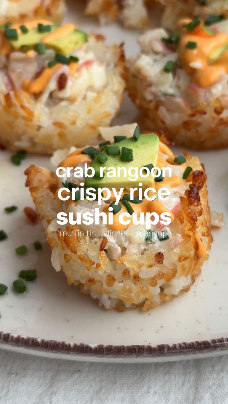 crab rangoon crispy rice sushi cups on a plate