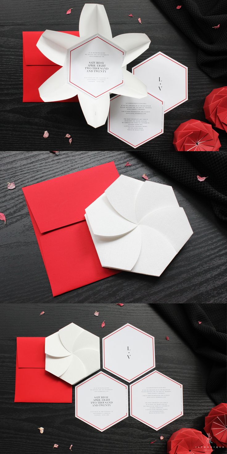 red and white folded cards with flowers on them