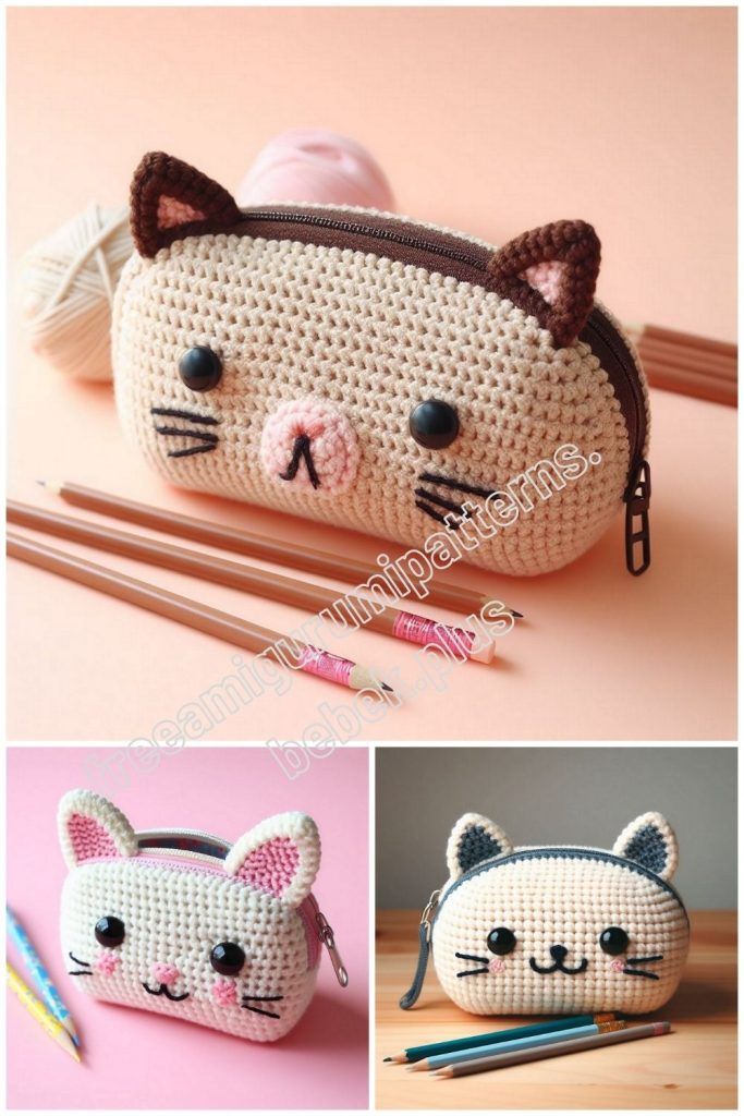 crocheted cat coin purses are shown in three different pictures