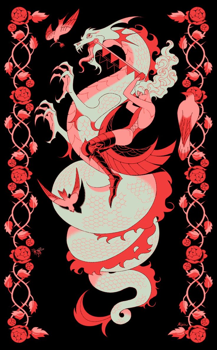 a red and white dragon sitting on top of a black background with roses around it