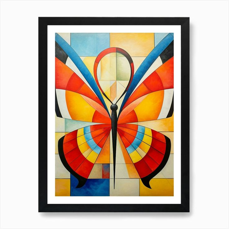 an abstract painting with colorful shapes and colors on the background is a black framed frame