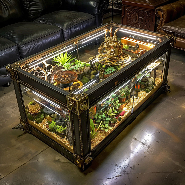 a glass case filled with plants on top of a floor next to a black couch