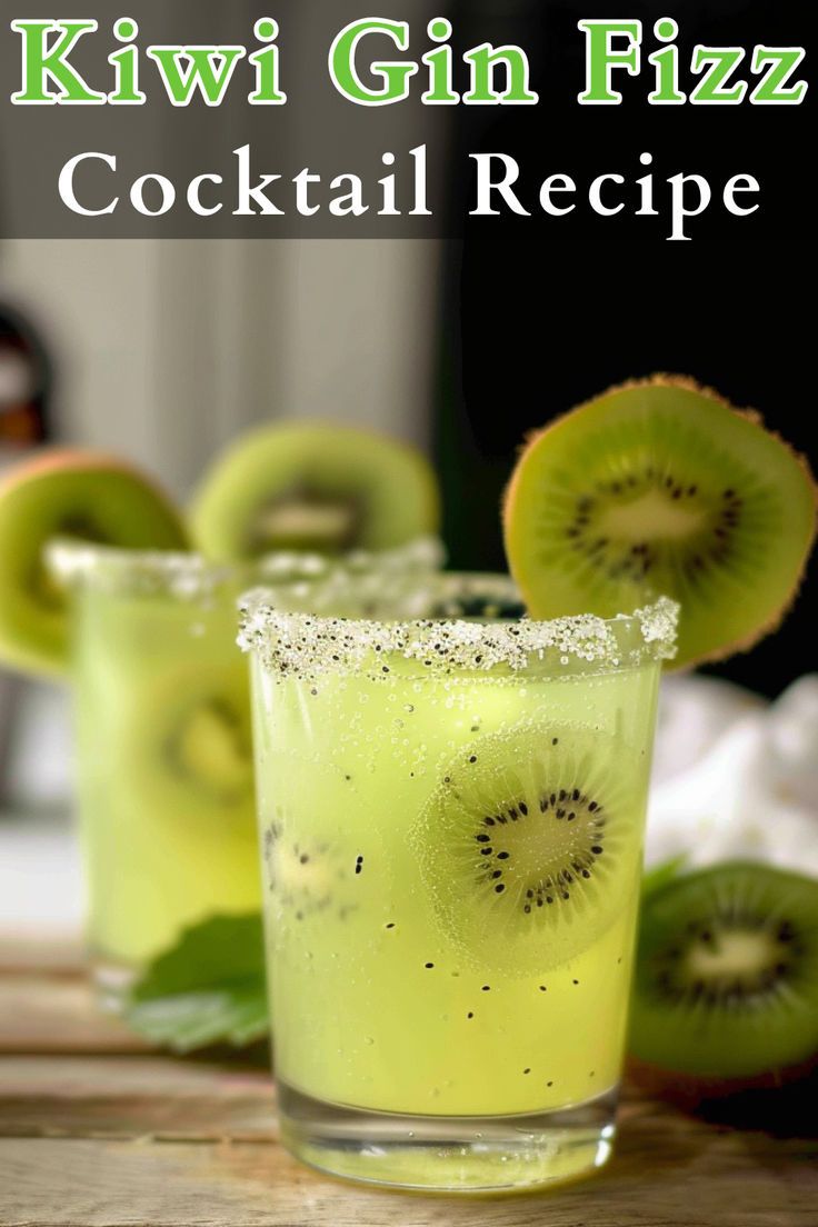 kiwi gin fizz cocktail recipe in glasses with kiwi slices on the rim