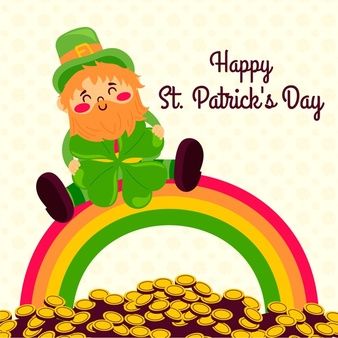 a st patrick's day card with a lepreite sitting on a rainbow