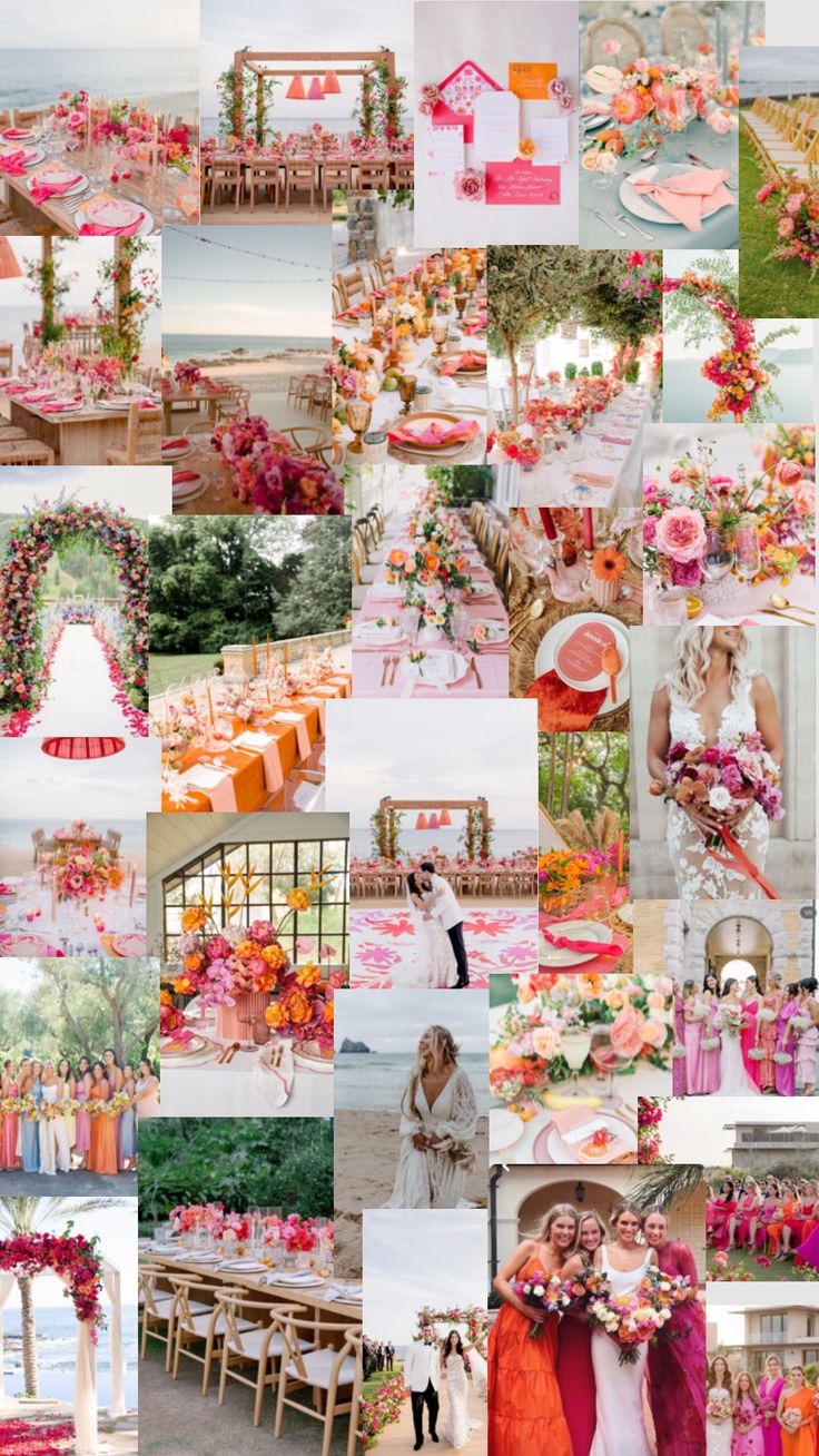 a collage of photos with different colored flowers and pinks, oranges and yellows