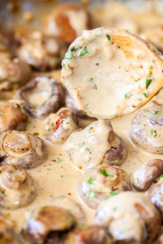 a spoon full of mushrooms covered in gravy