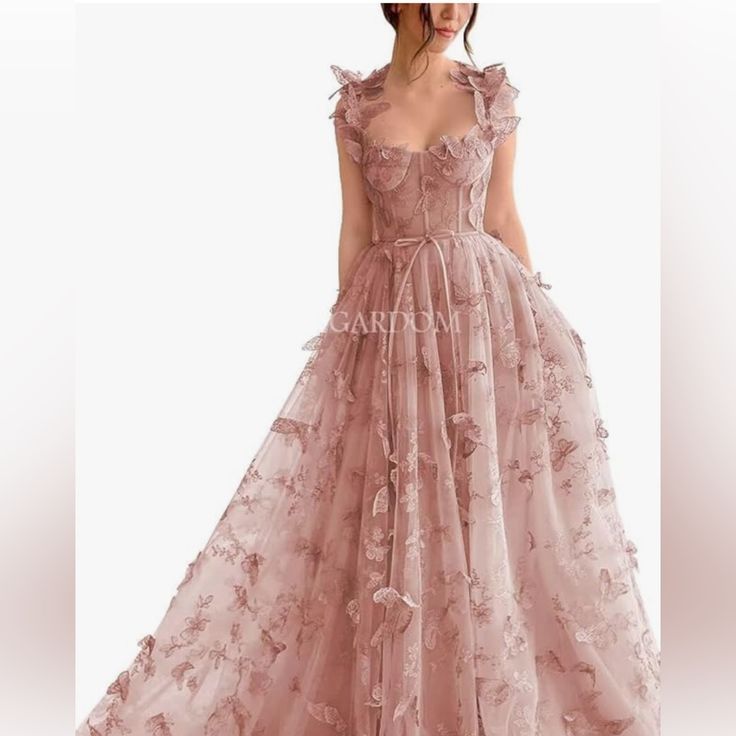 Teuta Matoshi Butterfly Dress, Dress With 3d Butterflies, Rustic Romance Prom Dresses, Pink Butterfly Prom Dress, Butterfly Wedding Gown, Prom Dress Butterflies, Flowery Dress Formal, Butterfly Dress Gowns, Tuelle Dresses