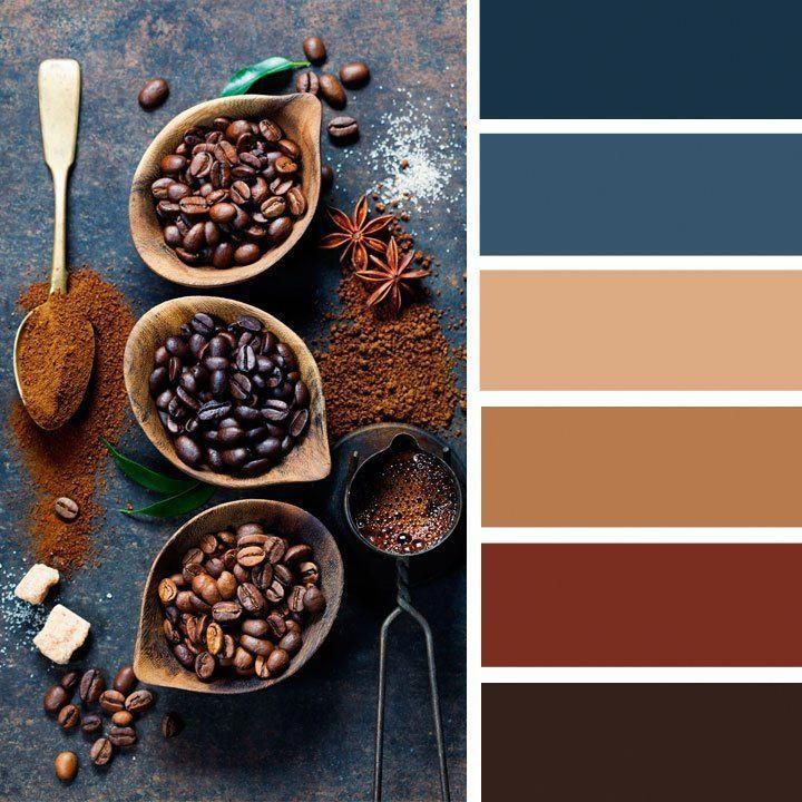 coffee beans and spices in wooden spoons on a table with color swatches to match