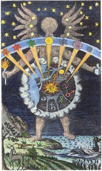 an image of a man with many different things in his hands and arms, surrounded by stars