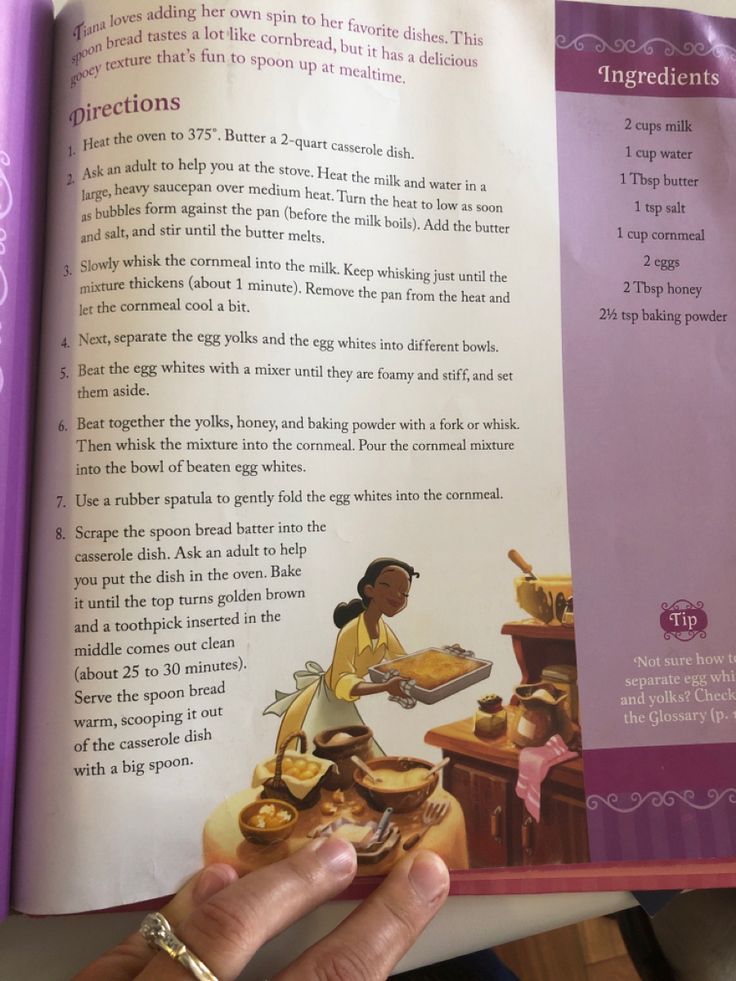 an open children's book with pictures of women cooking in the kitchen and instructions on how to cook