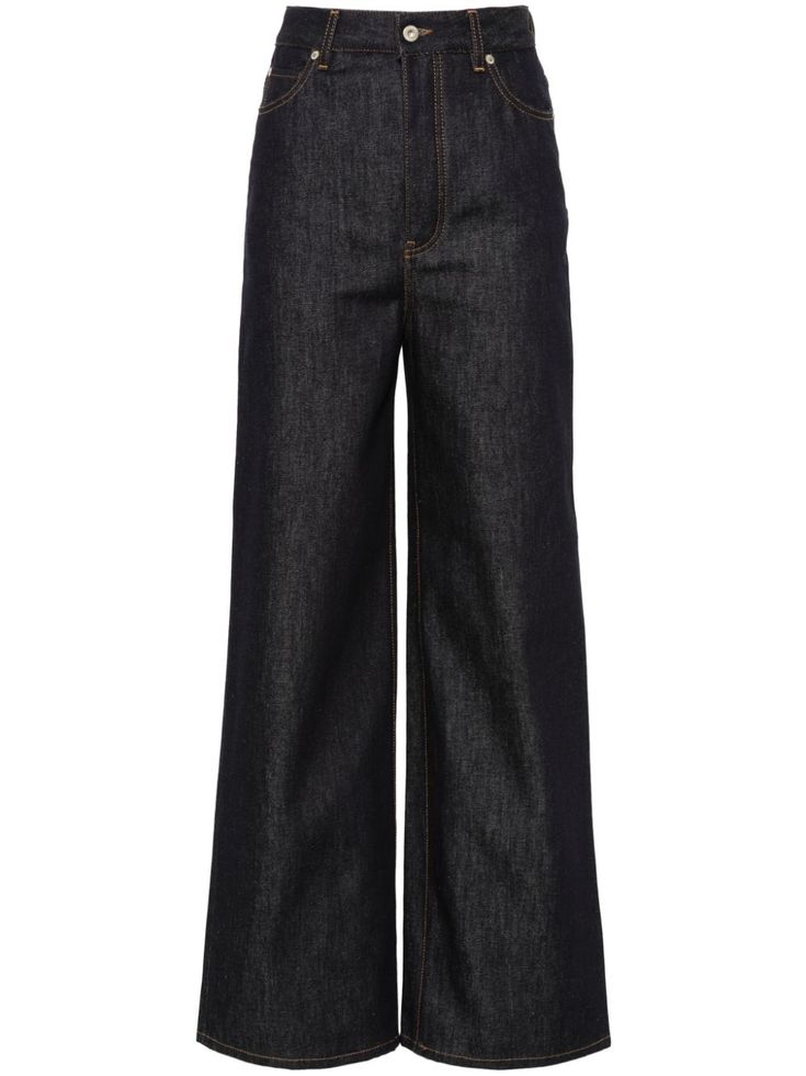 blue denim contrast stitching high-waisted classic five pockets logo patch to the rear front button fastening Wardrobe Edit, Yoko London, City Dress, Wide Jeans, Raw Denim, Waist Jeans, Summer Beach Wear, Exclusive Fashion, High Waisted Denim