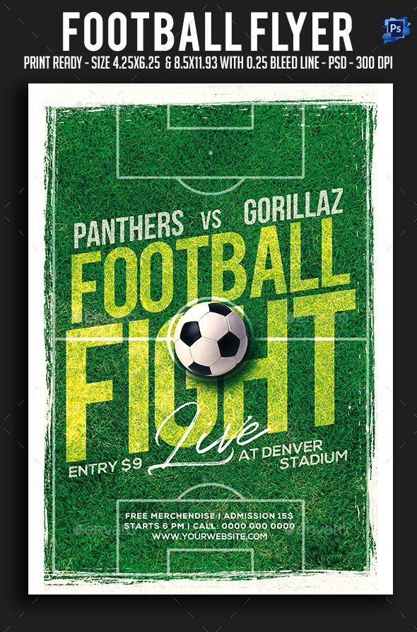 a soccer flyer with a ball on the field