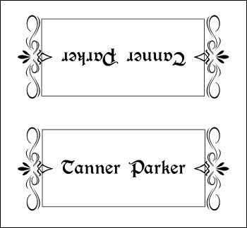 two black and white labels with the words camera parker on them, one has an ornate border