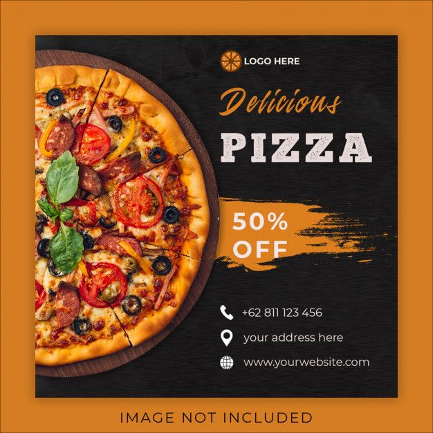 a pizza with toppings on it sitting on top of a wooden table next to an orange background