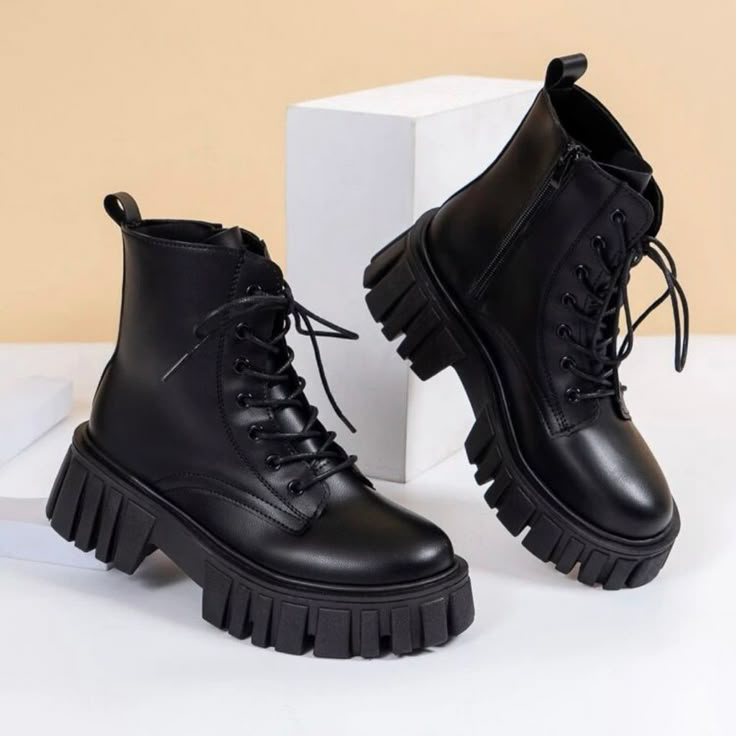 Mid Heel, Polyester, Round Toe Lace Up Boot Grunge Shoes, Chunky Combat Boots, Platform Combat Boots, Dr Shoes, Womens Combat Boots, Combat Boot, Zipper Boots, Boots Women Fashion, Motorcycle Boots