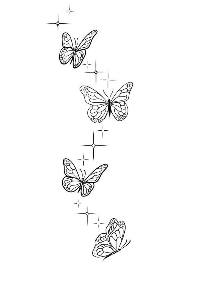 three butterflies flying in the air with their wings spread out, and one is black and white