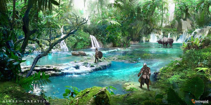 an artist's rendering of a jungle scene with people and animals in the water