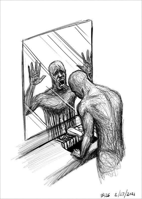 a drawing of two people in front of a mirror