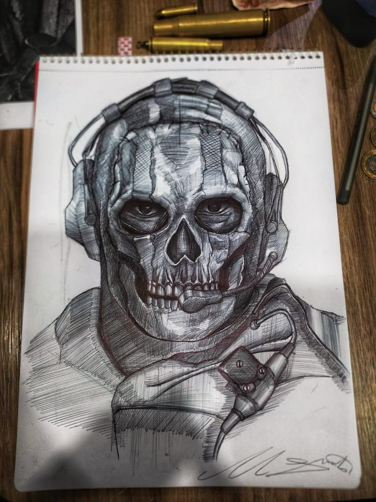 a drawing of a skull wearing a helmet