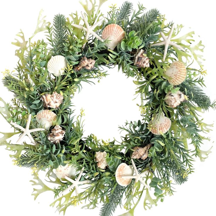 a wreath with sea shells and greenery