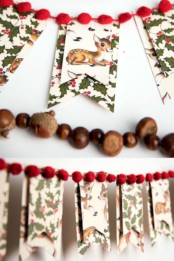 two pictures of christmas decorations with deer and holly garlands on the side, along with red pom - poms