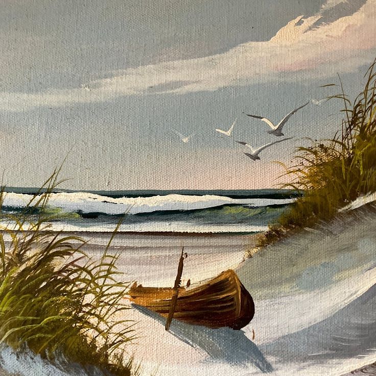 an oil painting of a boat on the beach with seagulls flying above it